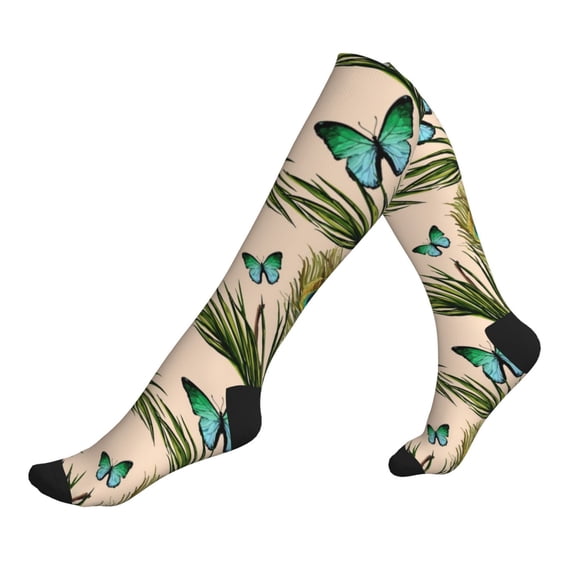 Lsque Butterflies And Peacock Feathers Pattern Sport Compression Socks for Men & Women 15-20 mmHg Knee High Nurse Pregnant Running Medical and Travel Athletic