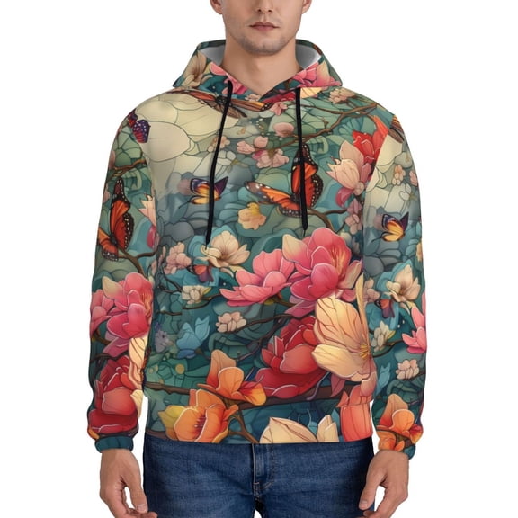 Lsque Butterflies In Blooming Garden Pattern Casual Men's Hoodie,Hooded Sweatshirt with Kangaroo Pocket,Pullover Hoodie-X-Large