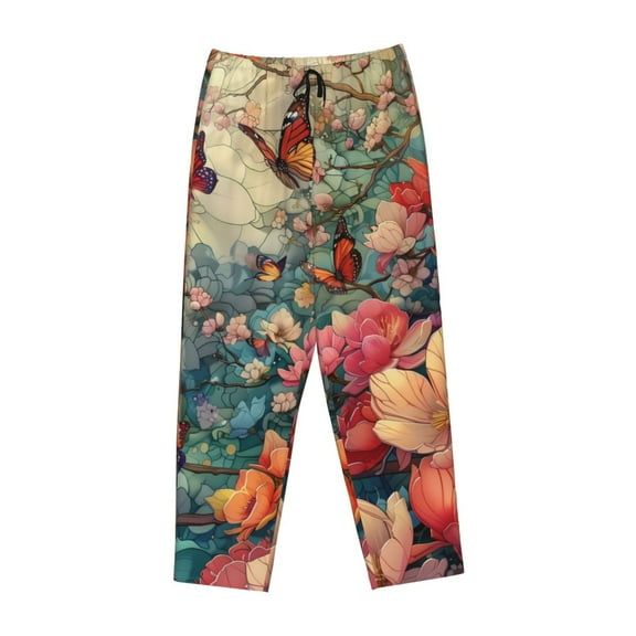 Lsque Butterflies In Blooming Garden Print Women's Pajama Pants, Lounge Pant - Comfortable Home Wear,Elastic Waistband, Stylish Design-Medium