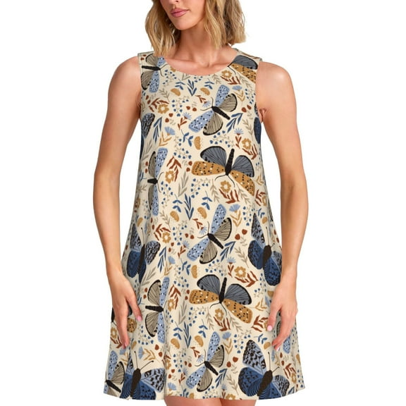 Lsque Butterflies Pattern Summer Dresses for Women – Sleeveless T-Shirt Swing Sundress, Perfect for the Beach and Casual Days