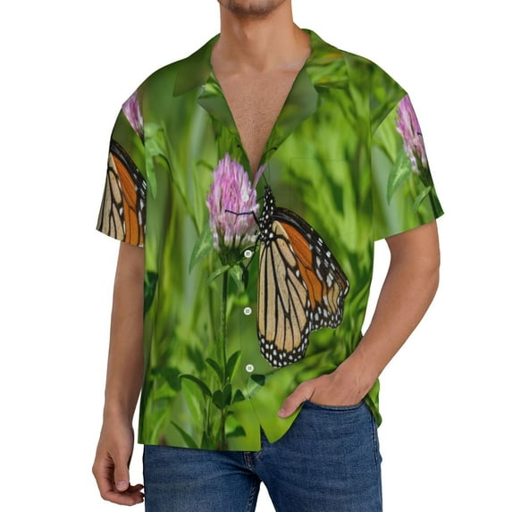 Lsque Butterflies and Floral Print Men's Cuban Collar Short Sleeve Shirt Summer Beachwear Casual Button Down Fashionable Vacation Leisure Shirt-Large