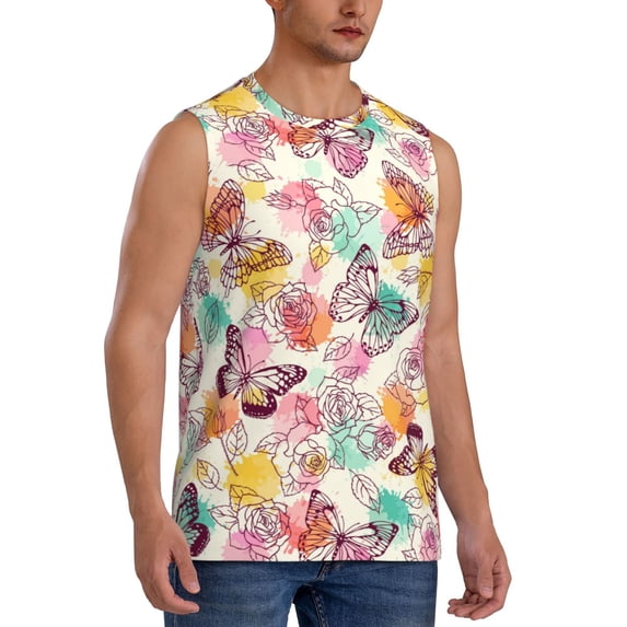 Lsque Butterflies and Roses Print Men's Cotton Blend Sleeveless Muscle Shirts (S-3XL)- Moisture Wicking, Odor Protection, UPF 30+,3X-Large