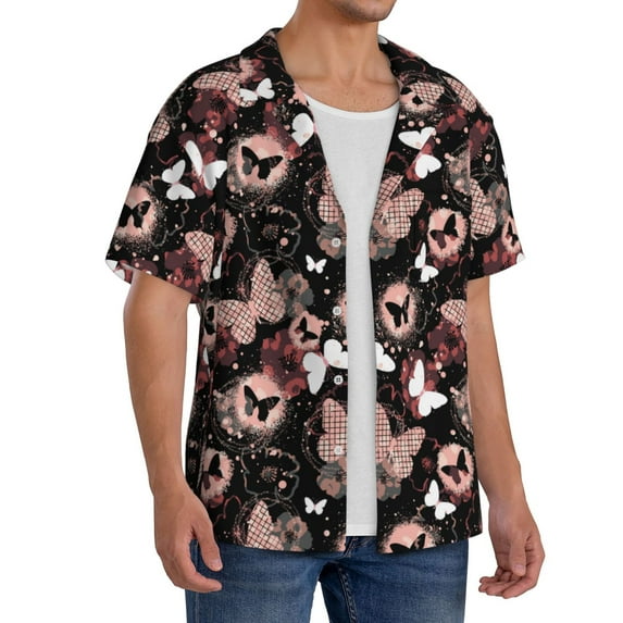 Lsque Butterflies1 print Men's Cuban Collar Short Sleeve Shirt Summer Beachwear Casual Button Down Fashionable Vacation Leisure Shirt-Medium