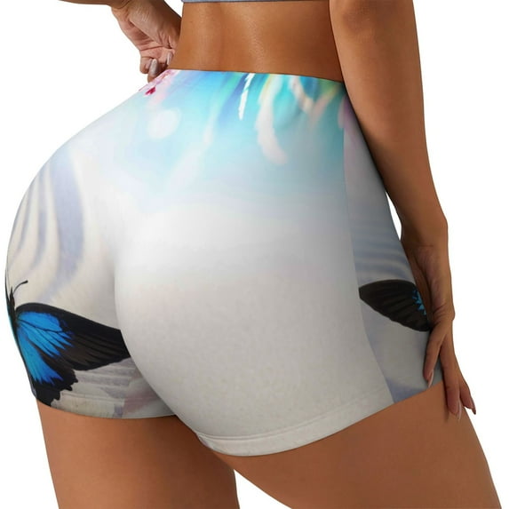 Lsque Butterfly In Blossoms Zen Pattern High Waisted Biker Shorts for Women-Tummy Control Fitness Athletic Workout Running Yoga Gym Shorts,Moisture-Wicking-Small