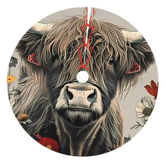 Lsque Butterfly Cow With Flowers Print Christmas Tree Skirt, Tree Skirt with Ties or Velcro, Perfect for Holiday Decorations, Halloween, and New Year-48"