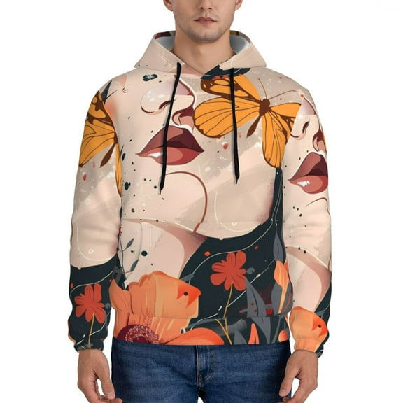 Lsque Butterfly Floral Elegance Pattern Casual Men's Hoodie,Hooded Sweatshirt with Kangaroo Pocket,Pullover Hoodie-Medium