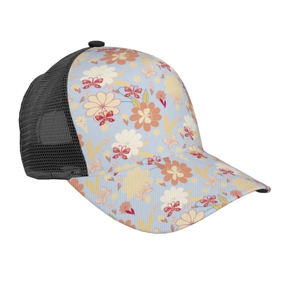 Lsque Butterfly Flower Printed Trucker Hat - Baseball Cap for Men Women - Breathable Mesh Side, Adjustable Fit - for Casual Wear