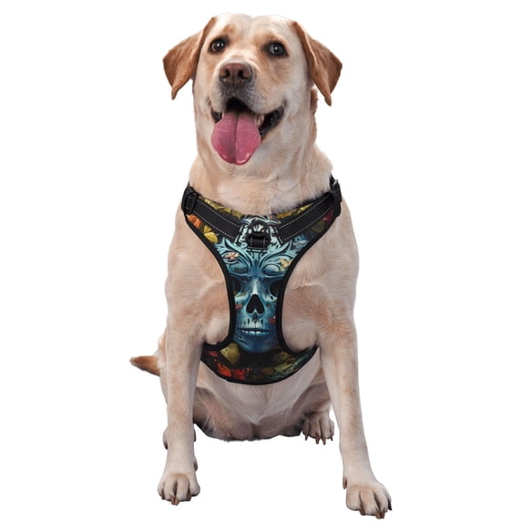 Lsque Butterfly Flower Skull A Dog Harness, No-Pull Pet Harness with 2 Leash Clips, Adjustable Soft Padded Dog Vest with Easy Control Handle for Large Dogs-