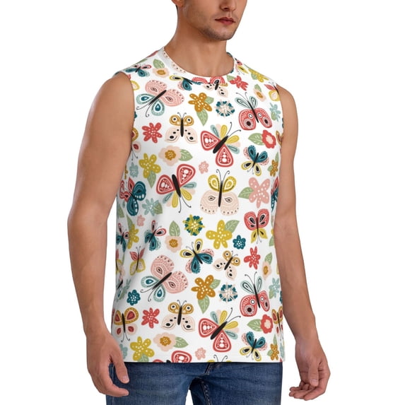 Lsque Butterfly Flowers Print Men's Cotton Blend Sleeveless Muscle Shirts (S-3XL)- Moisture Wicking, Odor Protection, UPF 30+,Large