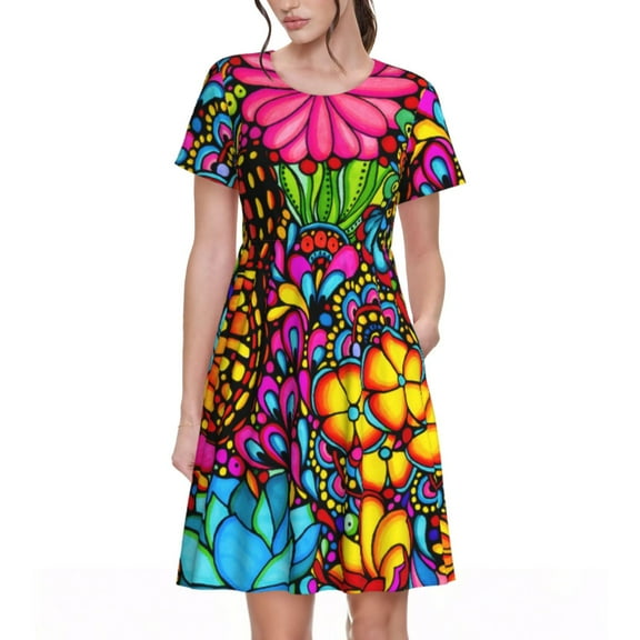 Lsque Butterfly Garden Print Women's Casual Dress T-Shirt Summer Short Sleeve Scoop Neck Swing Dresses