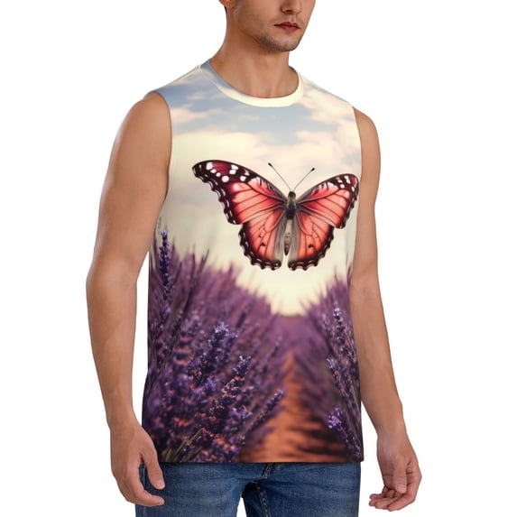 Lsque Butterfly Over Lavender Print Men's Cotton Blend Sleeveless Muscle Shirts (S-3XL)- Moisture Wicking, Odor Protection, UPF 30+,XX-Large