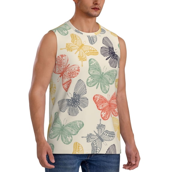 Lsque Butterfly Print Men's Cotton Blend Sleeveless Muscle Shirts (S-3XL)- Moisture Wicking, Odor Protection, UPF 30+,Small