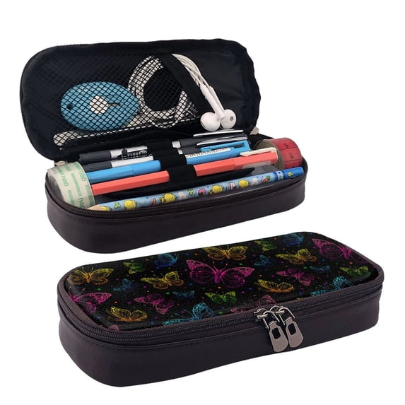 Lsque Butterfly Printed Big Capacity PU Leather Pencil Case Large Pencil Pouch Stationery Pen Bag Pencil Holder for Teen