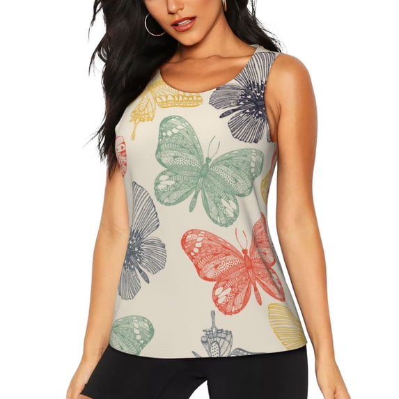 Lsque Butterfly Printed Workout Tank Tops for Women, Athletic Sports Tank Tops, Compression Sleeveless Dry Fit Shirts,Sleeveless Yoga Shirt-X-Large