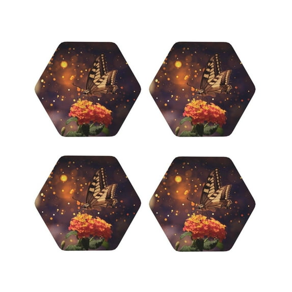 Lsque Butterfly Sitting on a Flower Pattern 4" Drink Coasters Set of 4, PVC Leather Absorbent Coasters, Table Coaster Set Decorative Coffee Cup Coasters Housewarming Gift -Hexagon
