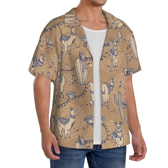 Lsque Cactus Alpaca print Men's Cuban Collar Short Sleeve Shirt Summer Beachwear Casual Button Down Fashionable Vacation Leisure Shirt-4X-Large