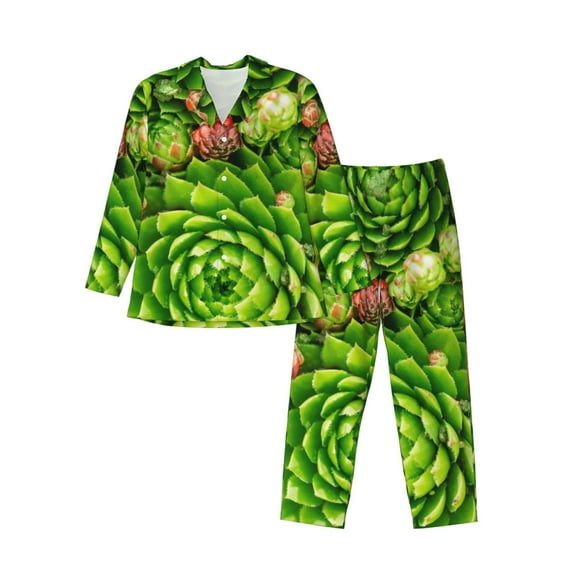 Lsque Cactus And Succulents Pattern Long Sleeve Pajama Set for Men - Soft 2-Piece Sleepwear and Loungewear Set with Pockets, Comfy Nightwear-X-Large