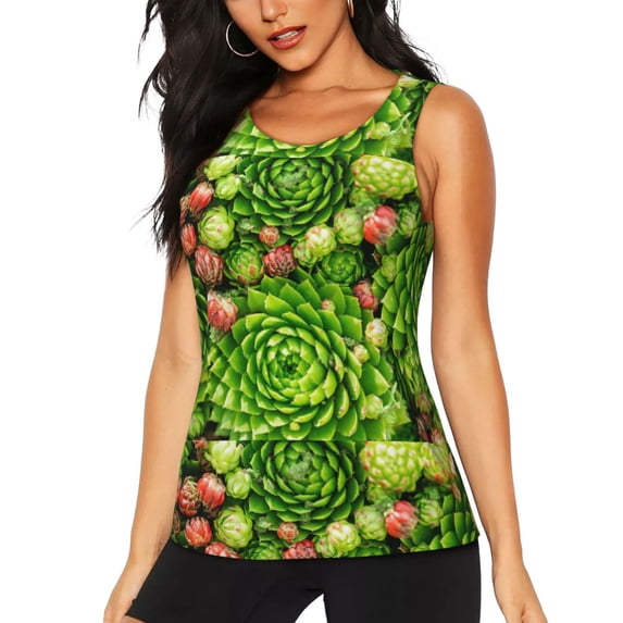 Lsque Cactus And Succulents Printed Workout Tank Tops for Women, Athletic Sports Tank Tops, Compression Sleeveless Dry Fit Shirts,Sleeveless Yoga Shirt-X-Large