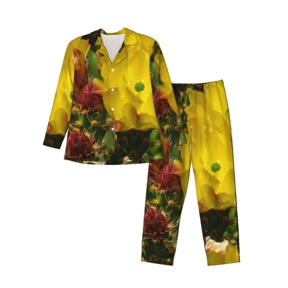 Lsque Cactus Flowers Pattern Long Sleeve Pajama Set for Men - Soft 2-Piece Sleepwear and Loungewear Set with Pockets, Comfy Nightwear-Large