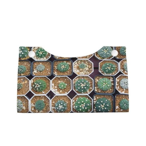 Lsque Cactus Garden Printed Long Tissue Box Cover Holder, Facial Paper Organizer Dispenser,Triangle with Bottom Belt, PVC Leather Decorative Organizer