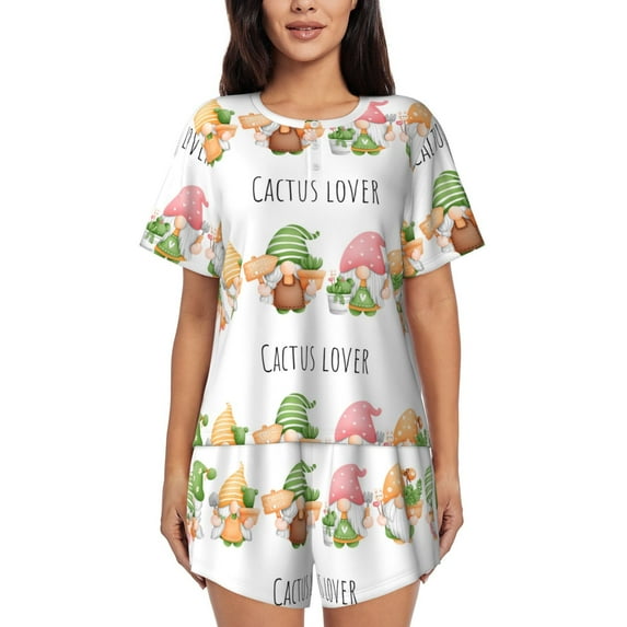 Lsque Cactus Gnome Women's Short-Sleeved Pajama Set - 2 Piece Soft and Lightweight Sleepwear Set-Large