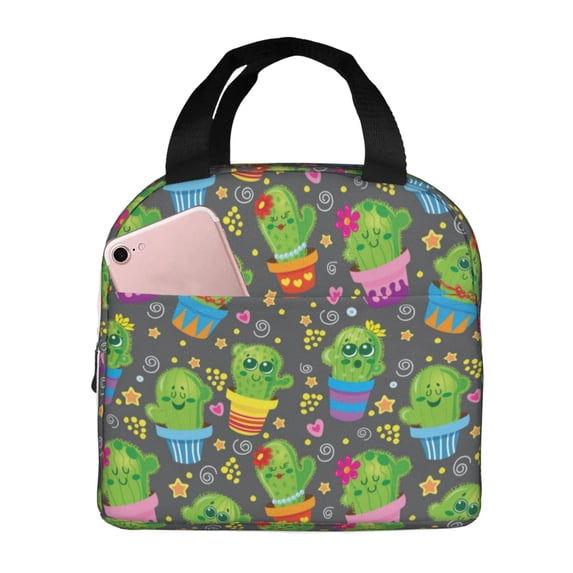 Lsque Cactus In Pots Pattern Lunch Bag Women/Men Insulated Lunch Box,Small Leakproof Cooler Food Lunch Containers Reusable High Capacity Lunch Tote Bags