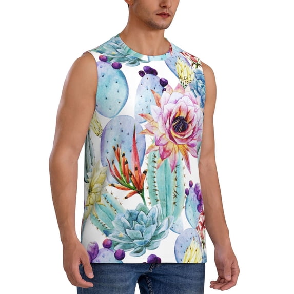 Lsque Cactus Print Men's Cotton Blend Sleeveless Muscle Shirts (S-3XL)- Moisture Wicking, Odor Protection, UPF 30+,X-Large