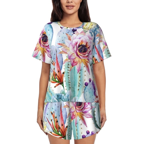 Lsque Cactus Women's Short-Sleeved Pajama Set - 2 Piece Soft and Lightweight Sleepwear Set-Small