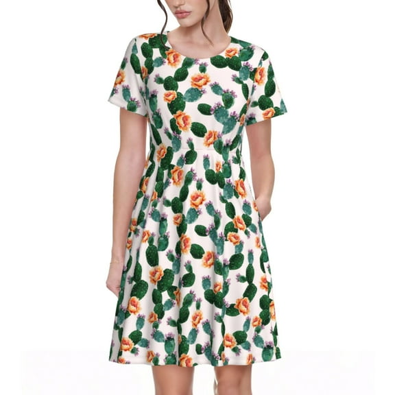 Lsque Cactuses Print Women's Casual Dress T-Shirt Summer Short Sleeve Scoop Neck Swing Dresses