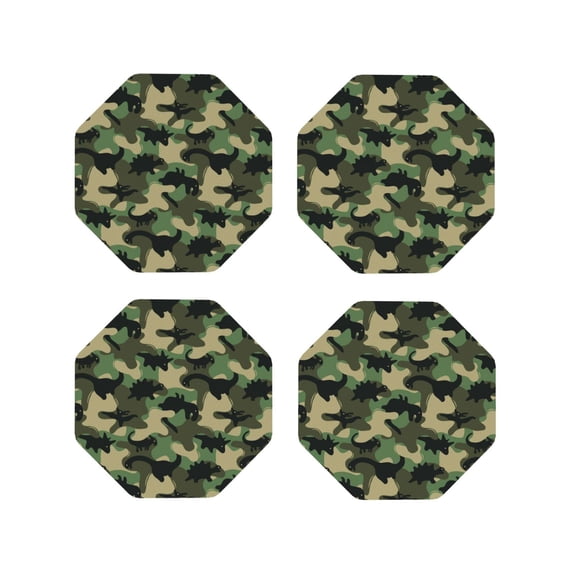 Lsque Camouflage Dinosaur Pattern 4" Drink Coasters Set of 4, PVC Leather Absorbent Coasters, Table Coaster Set Decorative Coffee Cup Coasters Housewarming Gift -Octagon