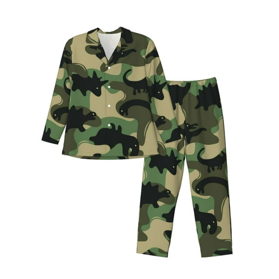 Lsque Camouflage Dinosaur Pattern Long Sleeve Pajama Set for Men - Soft 2-Piece Sleepwear and Loungewear Set with Pockets, Comfy Nightwear-Medium