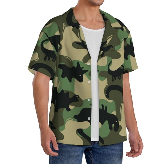 Lsque Camouflage Dinosaur print Men's Cuban Collar Short Sleeve Shirt Summer Beachwear Casual Button Down Fashionable Vacation Leisure Shirt-4X-Large
