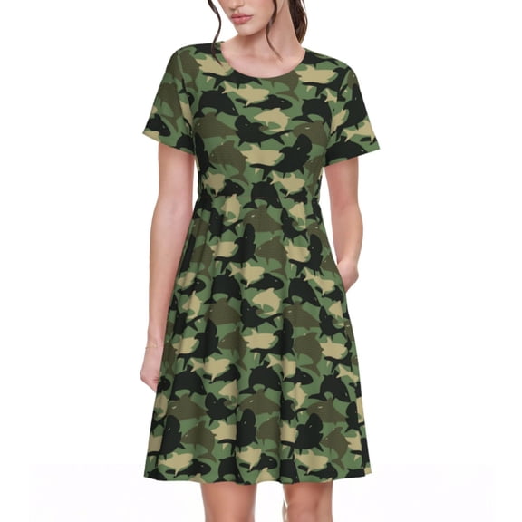 Lsque Camouflage Shark Print Women's Casual Dress T-Shirt Summer Short Sleeve Scoop Neck Swing Dresses