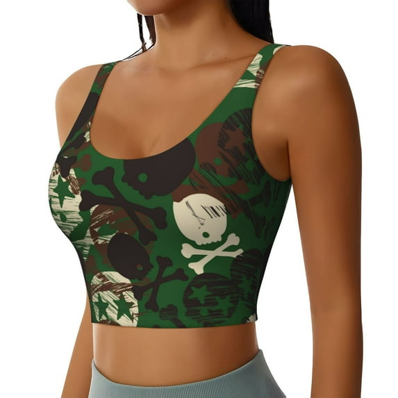 Lsque Camouflage Skull Printed Women'S Sports Bra, Compression, Moisture Wicking, High-Impact Sports Bra For Women,Supportive sports bra-Large