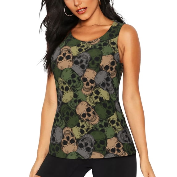Lsque Camouflage Skulls Printed Workout Tank Tops for Women, Athletic Sports Tank Tops, Compression Sleeveless Dry Fit Shirts,Sleeveless Yoga Shirt-Large
