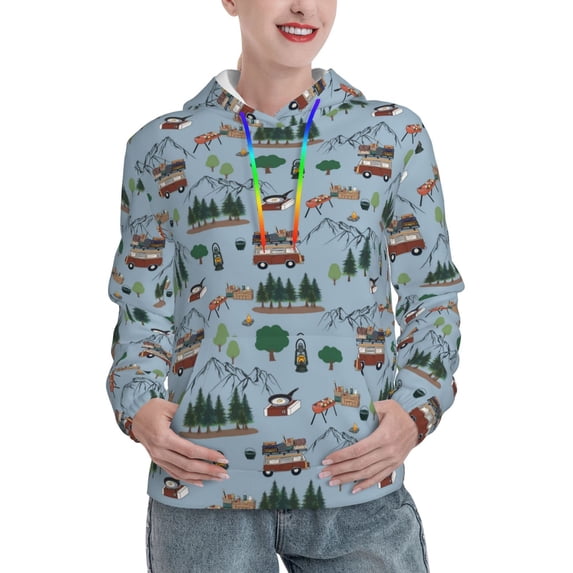 Lsque Camping Caravan Pattern Casual Women's Hoodie,Hooded Sweatshirt with Kangaroo Pocket,Pullover Hoodie with Eye-catching Drawstrings-Medium