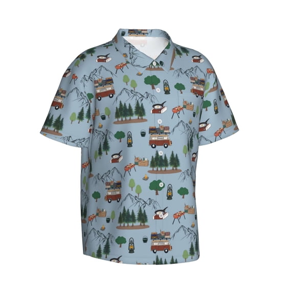 Lsque Camping Caravan pattern Hawaiian Shirt for Men, Unisex Summer Beach Casual Short Sleeve Button Down Shirts-Small