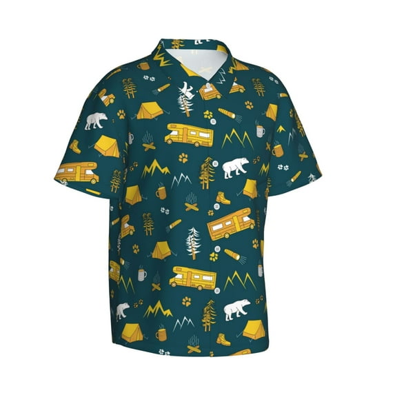 Lsque Camping pattern Hawaiian Shirt for Men, Unisex Summer Beach Casual Short Sleeve Button Down Shirts-Medium