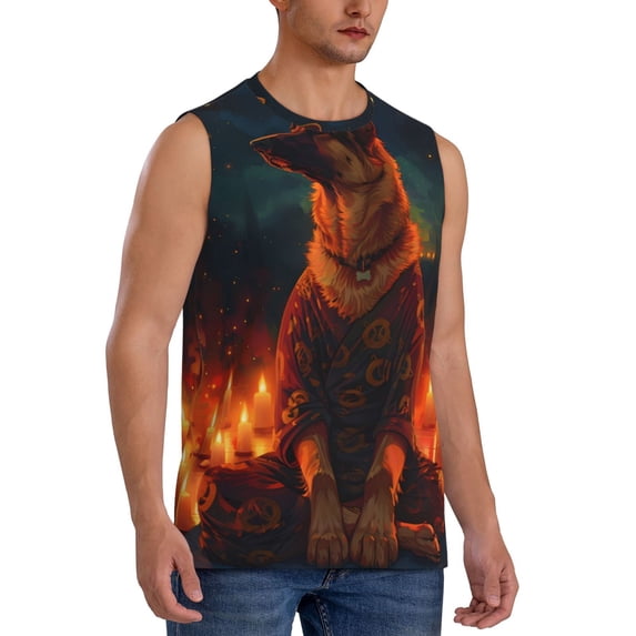 Lsque Candle Shepherd Dog Print Men's Cotton Blend Sleeveless Muscle Shirts (S-3XL)- Moisture Wicking, Odor Protection, UPF 30+,3X-Large