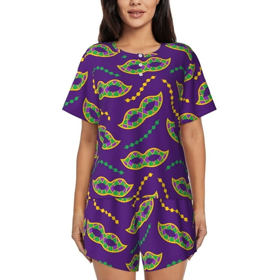 Lsque Carnival Masks and Beads Women's Short-Sleeved Pajama Set - 2 Piece Soft and Lightweight Sleepwear Set-