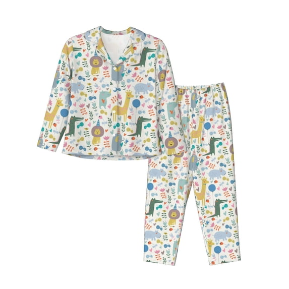 Lsque Cartoon Animals Pattern Long Sleeve Pajama Set for Women - Soft 2-Piece Sleepwear and Loungewear Set with Pockets, Comfy Nightwear-Small