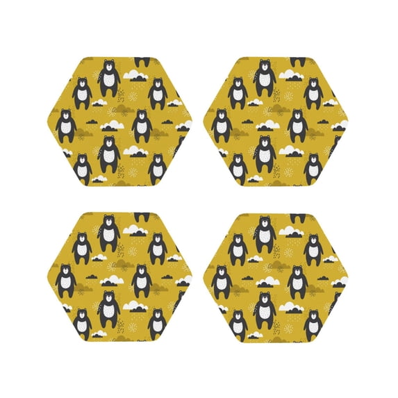 Lsque Cartoon Bear Yellow Pattern 4" Drink Coasters Set of 4, PVC Leather Absorbent Coasters, Table Coaster Set Decorative Coffee Cup Coasters Housewarming Gift -Hexagon
