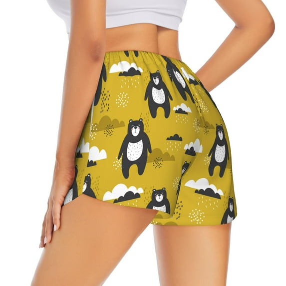 Lsque Cartoon Bear Yellow Printed Women's Running Shorts with Liner Pockets,Elastic Quick Dry Workout Athletic Gym Yoga Shorts,Womens High Waist Shorts-Medium