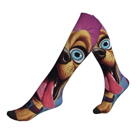 Lsque Cartoon Big-Eyed Dog Pattern Sport Compression Socks for Men & Women 15-20 mmHg Knee High Nurse Pregnant Running Medical and Travel Athletic