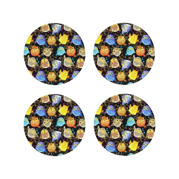Lsque Cartoon Bird Owl Pattern 4" Drink Coasters Set of 4, PVC Leather Absorbent Coasters, Table Coaster Set Decorative Coffee Cup Coasters Housewarming Gift -Round Shape