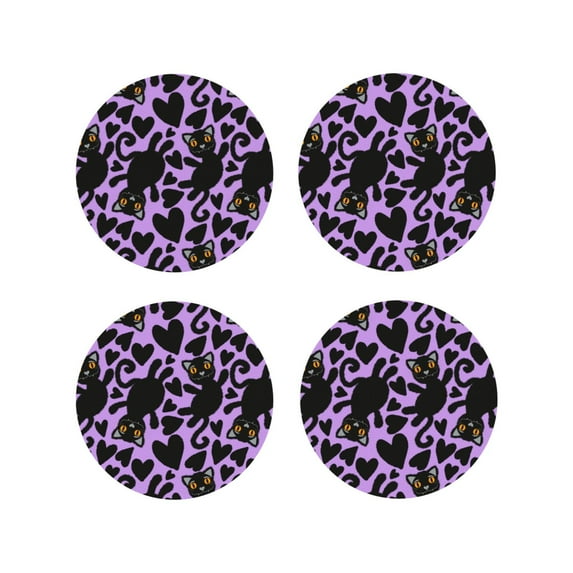Lsque Cartoon Black Cats Pattern 4" Drink Coasters Set of 4, PVC Leather Absorbent Coasters, Table Coaster Set Decorative Coffee Cup Coasters Housewarming Gift -Round Shape