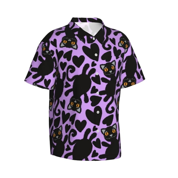 Lsque Cartoon Black Cats pattern Hawaiian Shirt for Men, Unisex Summer Beach Casual Short Sleeve Button Down Shirts-Small