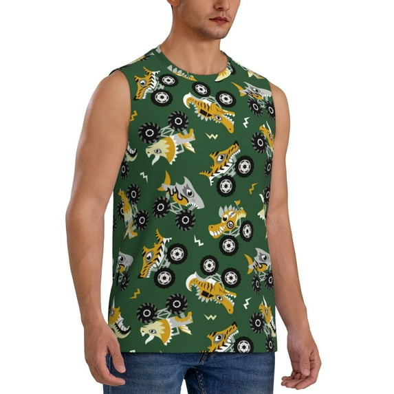 Lsque Cartoon Car Print Men's Cotton Blend Sleeveless Muscle Shirts (S-3XL)- Moisture Wicking, Odor Protection, UPF 30+,XX-Large