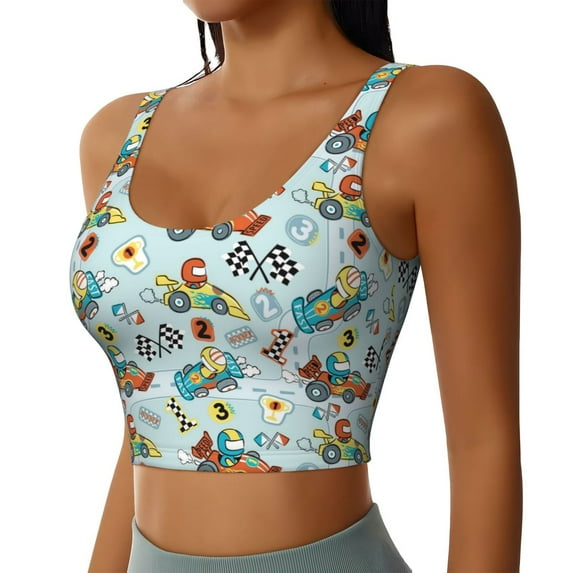 Lsque Cartoon Car Racing Printed Women'S Sports Bra, Compression, Moisture Wicking, High-Impact Sports Bra For Women,Supportive sports bra-