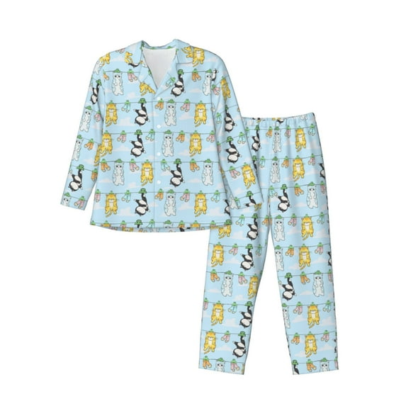 Lsque Cartoon Cat Pattern Long Sleeve Pajama Set for Men - Soft 2-Piece Sleepwear and Loungewear Set with Pockets, Comfy Nightwear-X-Large